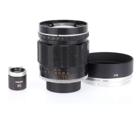 A Canon f/1.8 85mm Rangefinder Camera Lens black, serial no.11251, M39 screw mount, body F-G, wear to focusing grip, optics F