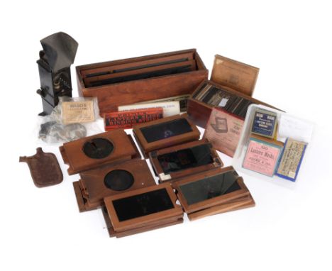 Magic Lantern Box Lot Box of mixed magic lantern items. Some slip slides, working and some with missing glass. Binding strips