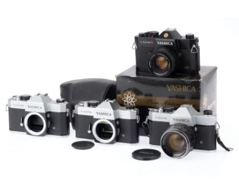 A Group of Yashica TL Electro Cameras, comprising a TL Electro X, black, serial number 30100242, body G, shutter works, batte