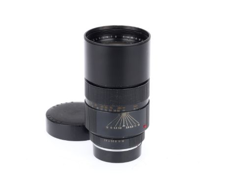 A Leitz Wetzlar Elmarit-R f/2.8 180mm Lens, black, serial number 2455672, barrel G, iris and focus action G, optics F-G with 