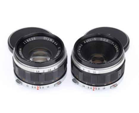 A Pair of Olympus PEN System 38mm Lenses, comprising a f/1.8 Zuiko Auto-S, serial number 118626, barrel VG, aperture blades s