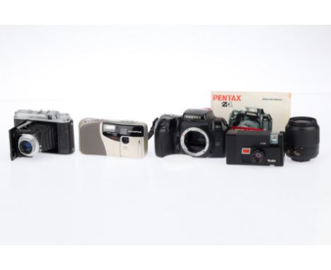A Selection of Film Cameras, comprising a Voigltander Perkeo I, body G, iris works, shutter works, optics G with light haze, 
