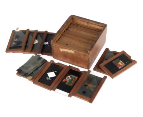 Magic Lantern Slides 21 Hand-made, hand-painted lantern slides in 7x3.5 inch wooden mounts. Nursery themes. Some quite scary.
