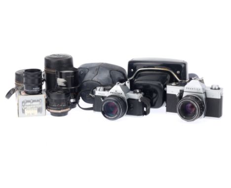 A Pair of 35mm SLR Cameras, comprising a Pentax MX, body G, small depression to top of prism housing, shutter working, intern