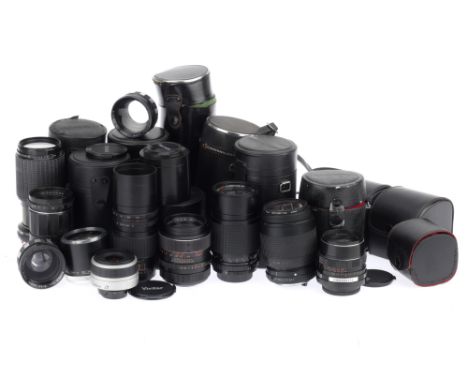 A Selection of 35mm Camera Lenses, to include a Meyer-Optik Orestor f/2.8 100mm, barrel G, aperture blades misaligned, a Sigm