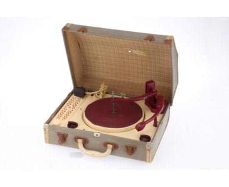 A Collaro RC54 Autochanger Record Player, light brown, cream interior, condition F-G, spindle has poked through the case on t