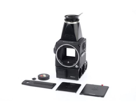 A Hasselblad 500ELX Camera Body, black, serial number RU1334224, body F, battery door needs repair, not further tested.
