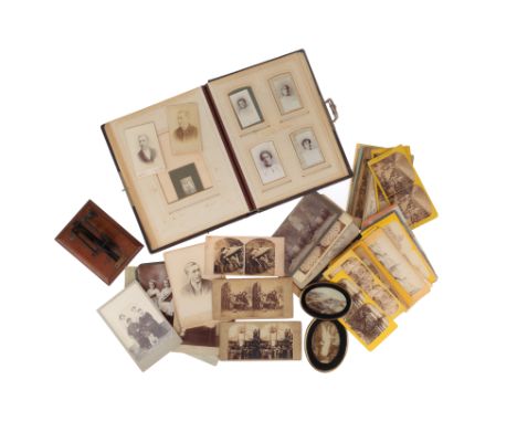 Stereoviews group of mixed content stereoviews including: 1850-60s views of a fortune teller, soldiers playing chess, girl fa