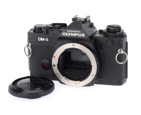 An Olympus OM-4 Camera Body, black, serial number 1072400, body G, shutter works, responds to light levels, with body cap.