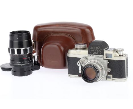 An Alpa Alnea Mod.7 35mm Camera, silver, body G, serial number 33128, shutter works, but mirror does not lift and fall, in ER