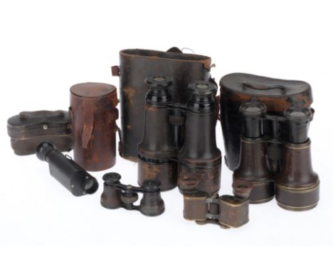 Collection of Early Binoculars, including a set of field glasses in a case marked to the eyepieces 'CHEVALIER OPTICIEN PARIS,