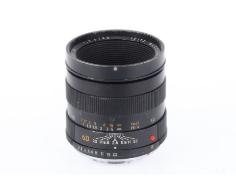 A Leitz Wetzlar Macro-Elmarit-R f/2.8 60mm Lens, black, serial number 2629949, barrel G with usage wear to the black coating,