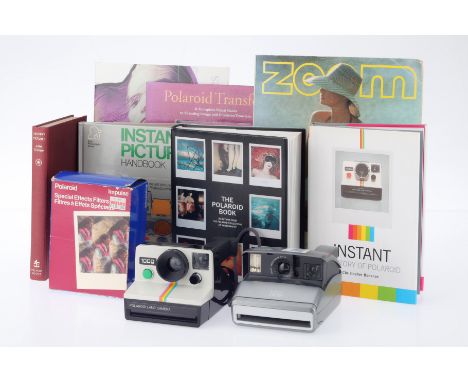 A Pair of Polaroid Cameras and Related Books, to include a Polaroid One camera, silver, body G, powers up, flash works, a Pol