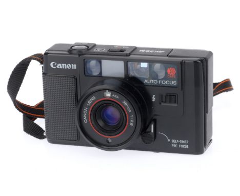 A Canon AF35M Autofocus Compact Camera, black, body G, powers up, takes a picture,