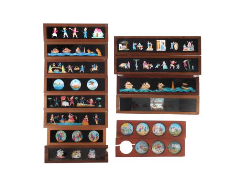 Panoramic Lantern Slides 18x4 inch wooden framed panoramic slides including Gulliver's Travels, Horse racing (sliding), Ships