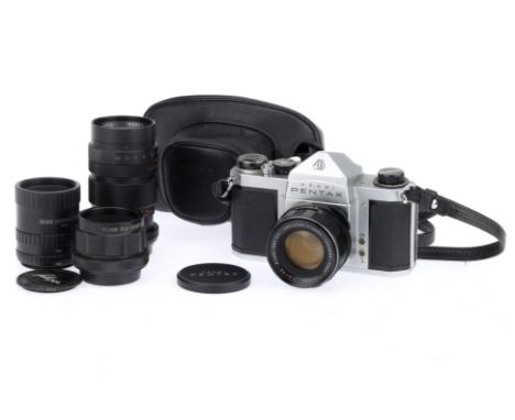 An Asahi Pentax S1a SLR Camera Outfit, silver, serial number 669662, body G, some usage marks to bottom plate, shutter works 