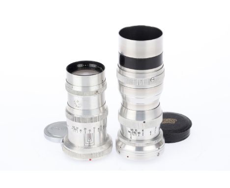 A Pair of Rangefinder Camera Lenses, comprising a Carl Zeiss Sonnar f/4 135mm lens, chrome, serial number 1307787, barrel G, 
