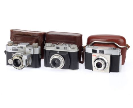 A Group of Film Cameras, comprising a Kodak 35 rangefinder camera, body F-G, focus moves freely, rangefinder works, shutter n
