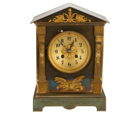 MILITARY INTEREST - a gilt-brass architectural 8-day mantel clock, with presentation inscription "Presented to Sargent Major 