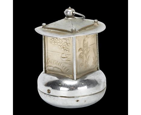 An Art Deco Pifco novelty miniature nickel plated night lamp, with relief moulded glass apertures, height 11cmLamp is unteste