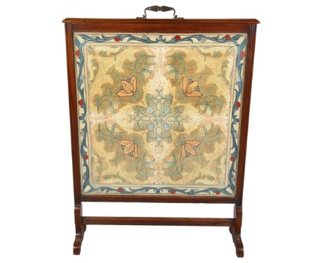 A large 19th century Arts and Crafts walnut fire screen, with original embroidered panel, in the manner of William Morris, gl