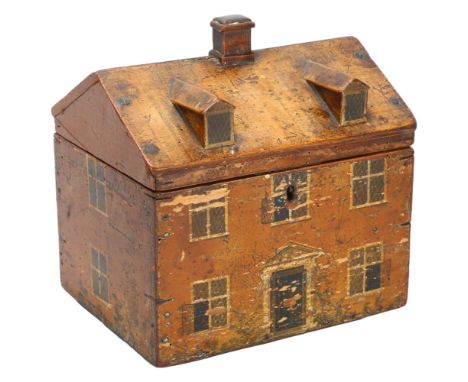 A late 18th/early 19th century Regency Folk Art Cottage tea caddy, with lifting roof and secret drawer underThe hinges at bac