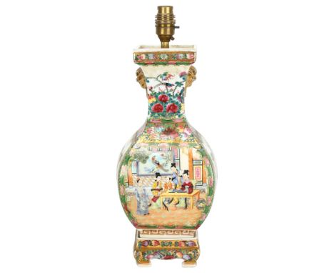 A Chinese famille rose square-section baluster table lamp, height excluding fitting 35cmNo chips cracks or restoration 