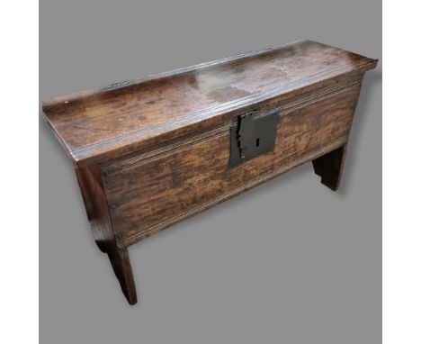 A small 18th century 6 plank coffer, 84x 28 cm, height 45cmGood overall condition, shrinkage splint to interior base board, s