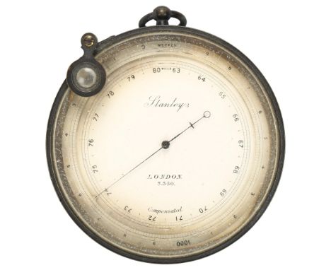 A Stanley of London brass aneroid barometer, late 19th century, with swivel magnifying glass, dial numbered 3.350, diameter 1