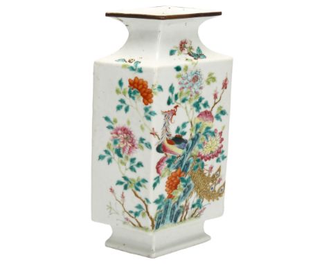 A Chinese famille rose lozenge 'Peacock' vase, with enamel decoration, height 28cmRubbing to enamel surfaces, no chips cracks