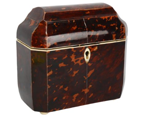 **DESCRIPTION CHANGE** A *reproduction* tortoiseshell dome-top tea caddy, *in Georgian Regency style* with ivory escutcheon a