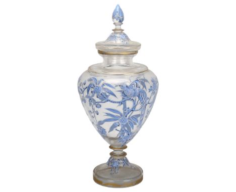 A large 19th century hand painted and enamelled glass sweetmeat jar and cover, with bird and blossom decoration, height 40cmI