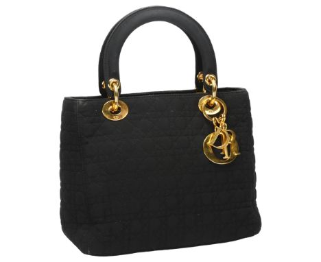 CHRISTIAN DIOR - a Lady Dior black quilted cloth tote bag, with red cloth interior, with dust bag.Good vintage condition, lig
