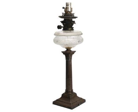 An early 20th century silver Corinthian column oil lamp with cut-glass font, converted to electric, hallmarks Sheffield 1903,