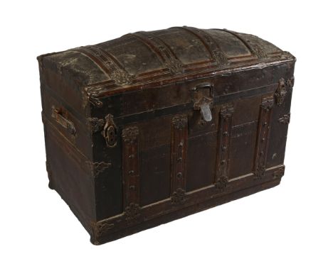 A large 19th century metal-bound dome-top travelling trunk, in the style of Martin Maier & Co, with leather handles and remov