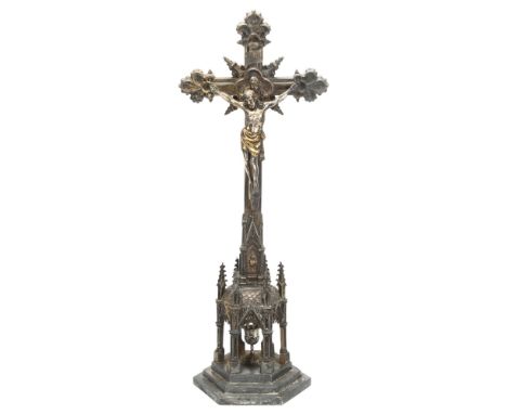 A large electrotype church altar crucifix, with architectural chalice base, height 55cmCross is split, bent and solder repair