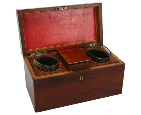 A Georgian mahogany tea caddy, with fitted interior and etched Greek Key glass, 30.5 x 15.5cm, height 16cmBeading at edges is