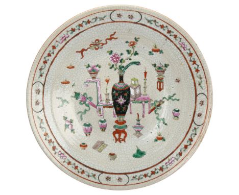 A large Chinese crackle glaze charger with enamel decoration, character marks to base, diameter 37.5cmGood condition, no chip