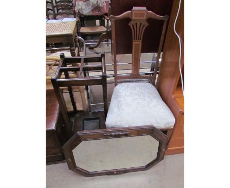 An Edwardian salon chair together with a stick stand and an oak mirror