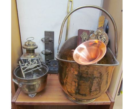 A brass coal scuttle together with a lamp, bellows etc