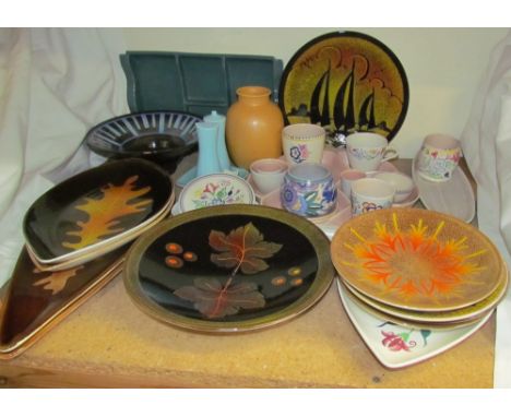 A collection of Poole pottery Aegean pattern plates together with Poole pottery vases, cruet, plates etc