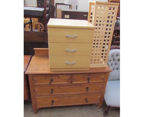 A 20th century oak dressing chest together with a modern chest of drawers and a two shelf unit