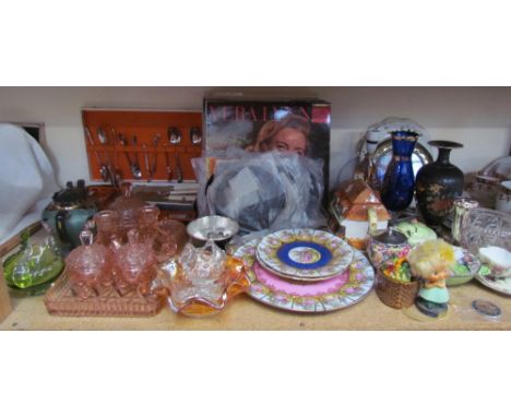 Glass dressing table set together with part tea sets, Maling bowl, Carltonware preserver pot and cover, records etc