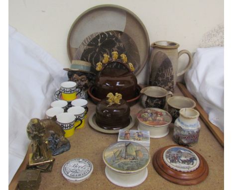 A tobacco jar and cover in the form of a head together with a Royal Worcester part coffee set, a Beswick trout, a brass model