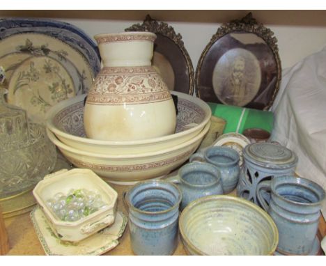 A pottery jug and basin set together with a pottery part dinner set, pottery meat plates, glass decanter and bowl, Clay Pits 