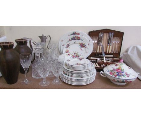 A Royal Worcester Roseland pattern part dinner set together with glass decanters, drinking glasses, vases, cased flatware ser