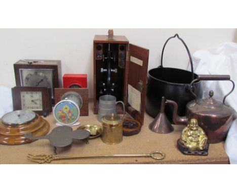 A Kendal and Dent mantle clock together with a collection of Smiths clocks, a barometer, a Watson microscope, copper kettle, 