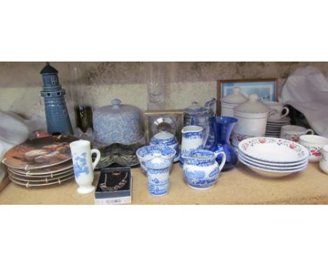 A Spode blue and white teapot together with other matching items, collectors plates, mantle clock, Hornsea part tea set etc