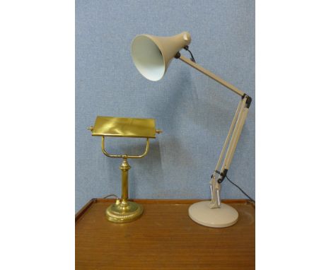 A taupe metal anglepoise desk lamp and a brass student's desk lamp 