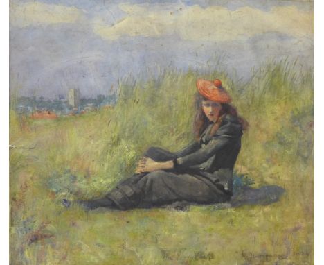 Gertrude Demain Hammond (1862-1953), portrait of Miss Peggy Clark on the beach, signed and dated 1904, a/f, 27 x 24cm